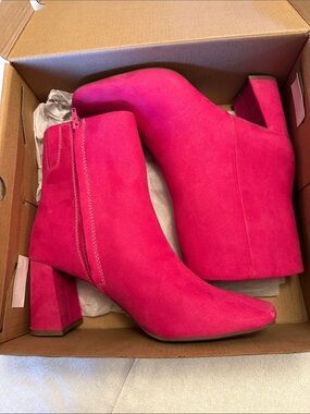 Fuchsia Pink Suede Block Heel Ankle Boots